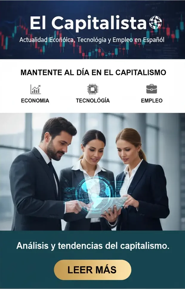 "Anuncio vertical para 'El Capitalista' con un gráfico bursátil, íconos de economía, tecnología y empleo, y profesionales viendo un globo terráqueo digital."