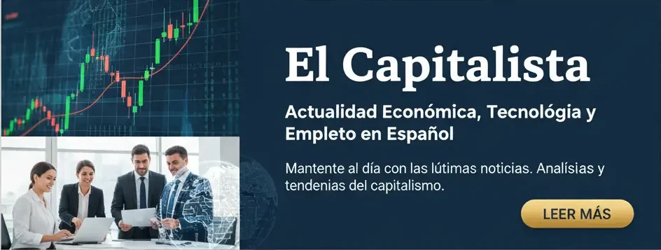 Banner para 'El Capitalista' con un gráfico bursátil ascendente, ejecutivos en una reunión y el título del sitio web. Promueve noticias de economía, tecnología y empleo.